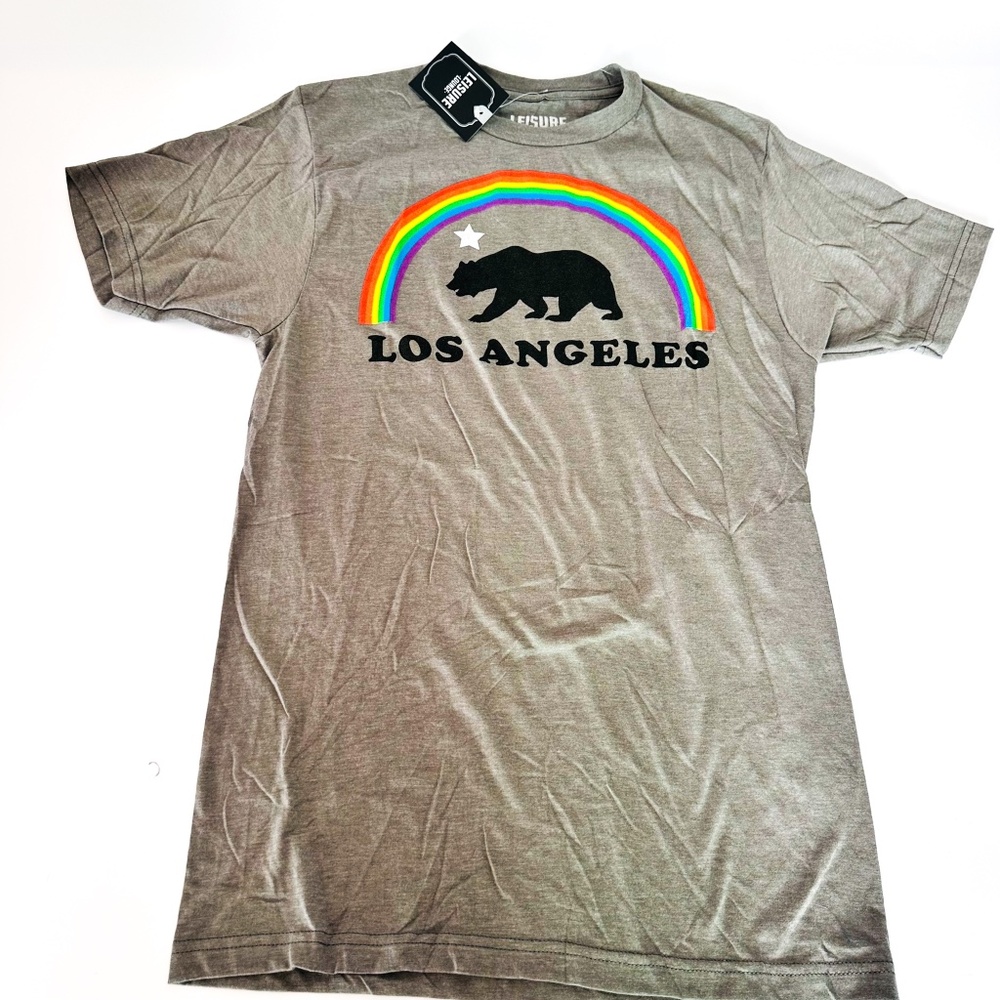 NEW Gray T-Shirt Leisure Lounge Los Angeles California Bear Rainbow Men's S M